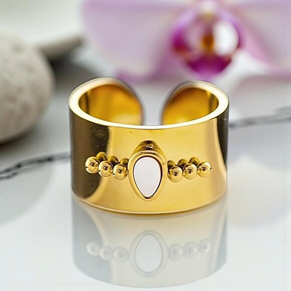 🆕 Boho Chic Wide Band Ring 18K Gold Plated Stainless Steel Natural Shell - Picture 10 of 12